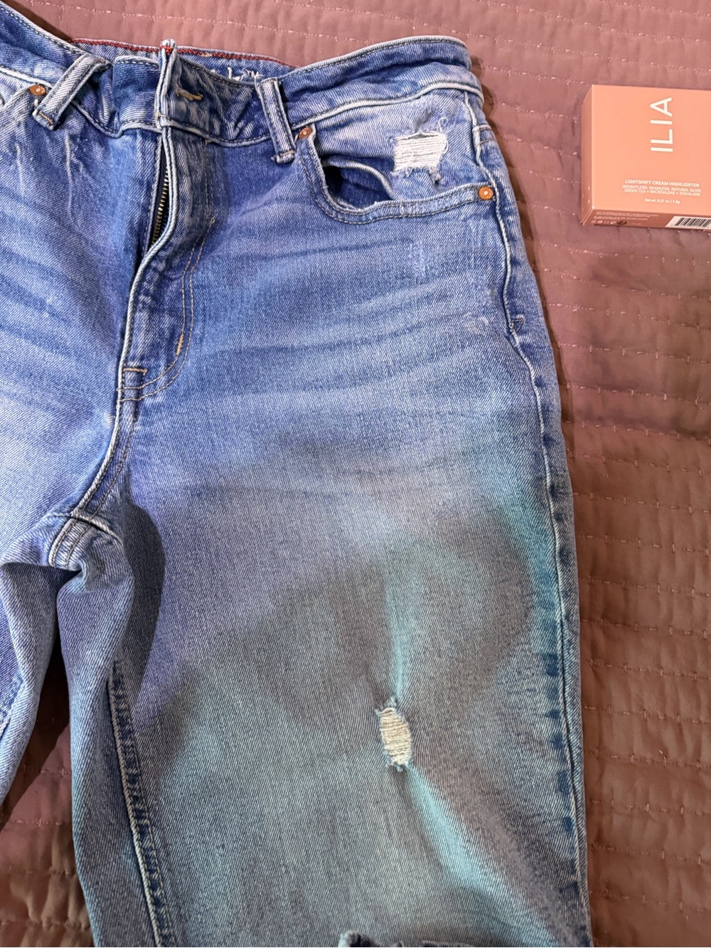 Women's Mid-Rise Straight Leg Distressed Blue Jeans - Picture 2 of 4
